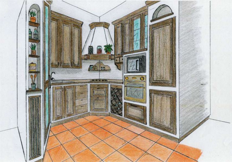 Disegno in 3D della Cucina in Finta Muratura Angolare Eseguito a Mano Disegno in 3D della Cucina in Finta Muratura Angolare Eseguito a Mano
