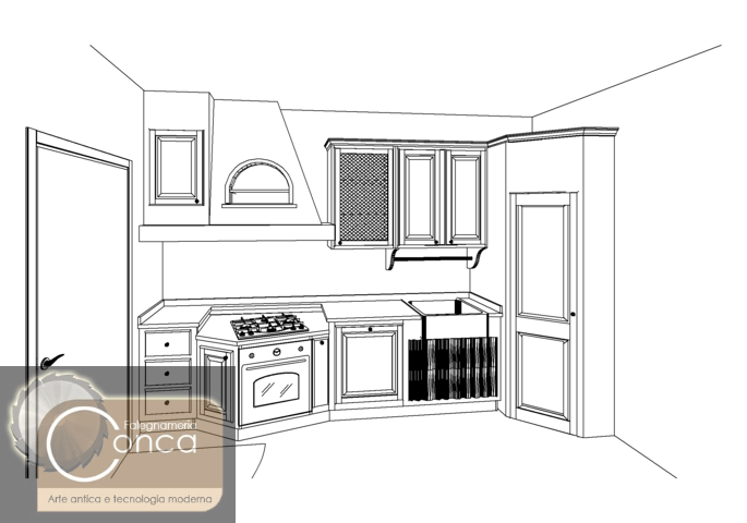 Disegno 3D Cucina in Finta Muratura Gialla