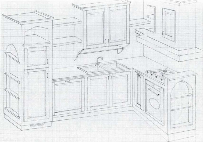 Disegno Tecnico in 3d Fatto a Mano della Cucina in Finta Muratura in Stile Rustico Disegno Tecnico in 3d Fatto a Mano della Cucina in Finta Muratura in Stile Rustico