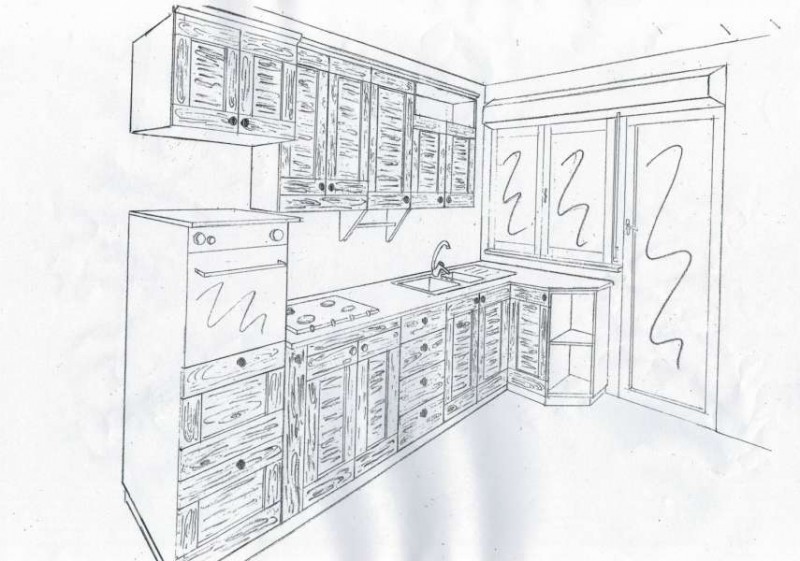Disegno Tecnico in 3d Eseguito a Mano della Cucina Moderna in Legno di Rovere Disegno Tecnico in 3d Eseguito a Mano della Cucina Moderna in Legno di Rovere