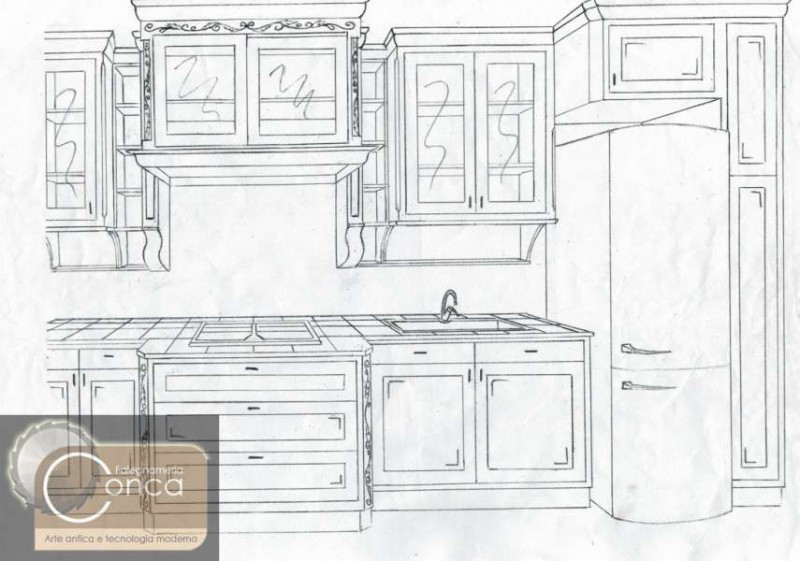 Disegni Tecnici in 3D Eseguiti Manualmente di Cucine in Legno Disegni Tecnici in 3D Eseguiti Manualmente di Cucine in Legno