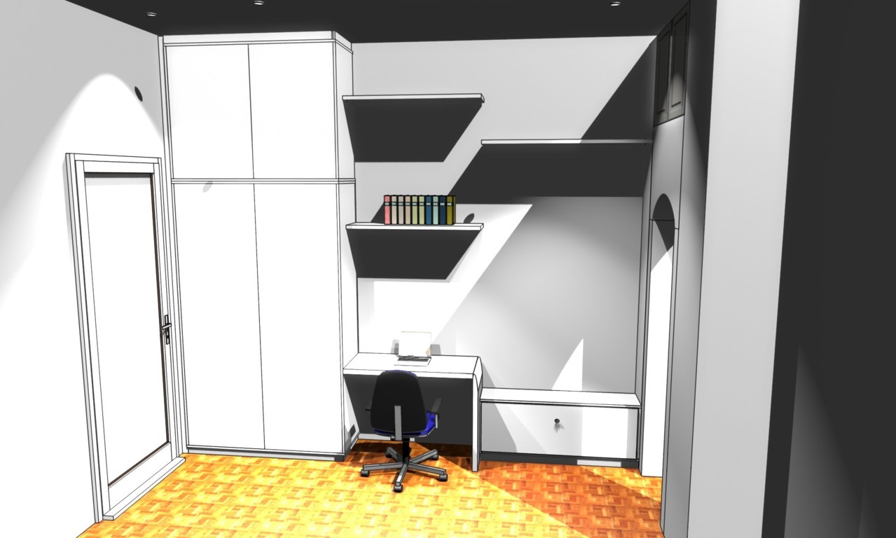 Disegno in 3d di un Armadio Libreria su Misura in Legno Laccato Bianco Opaco per Cameretta