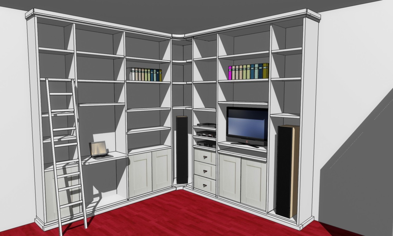 Disegno in 3d di una Libreria Angolare su Misura Vero in Legno Laccato