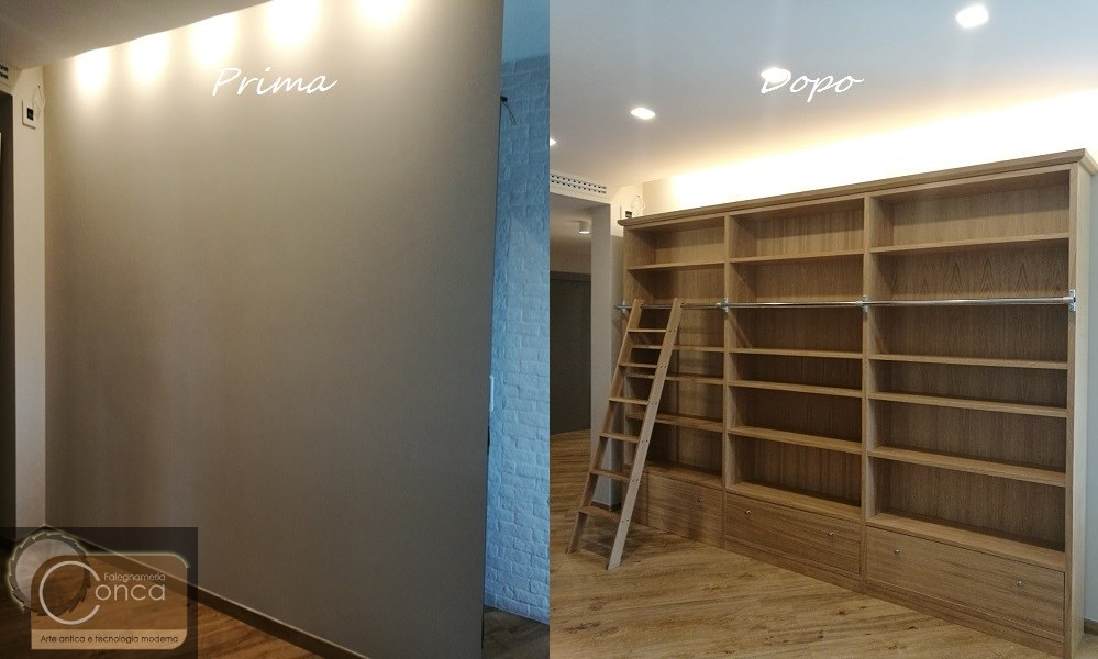 Libreria su Misura in Legno di Rovere con Ambiente Prima e Dopo Libreria su Misura per Ingresso in Legno di Rovere Naturale con Ambiente Prima e Dopo