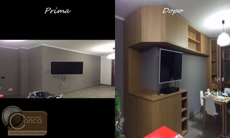 Soggiorno Prima e Dopo con Montaggio di Parete Attrezzata ad Angolo Inverso in Rovere a Roma